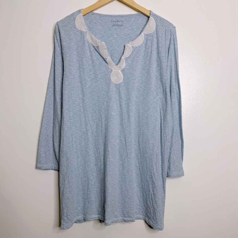 Talbots Cotton Tunic Beaded Neckline‎ White/Blue Striped Large Coastal Casual
